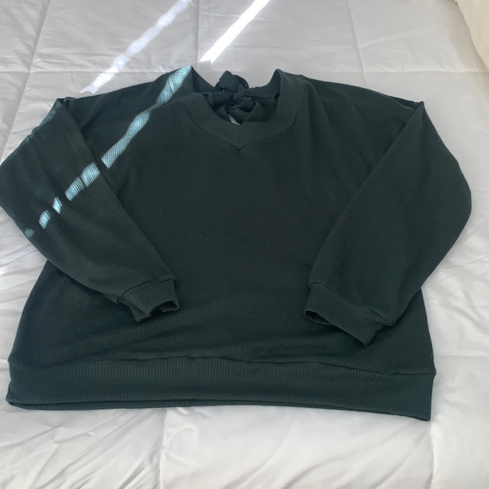 Waffle Knit Tie-Back Sweater, Size Medium, Dark Green